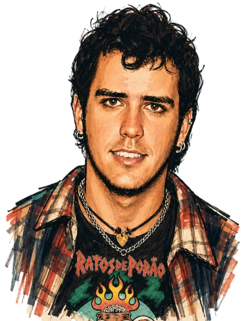 Retrato ilustrado de Ricardo Silva que envelhece conforme a página rola: do jovem dos anos 90, de camisa xadrez, até hoje, de barba grisalha